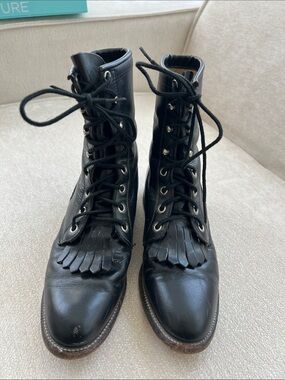 Justin Boots Black Leather Lace-Up Fringe Ankle Boots